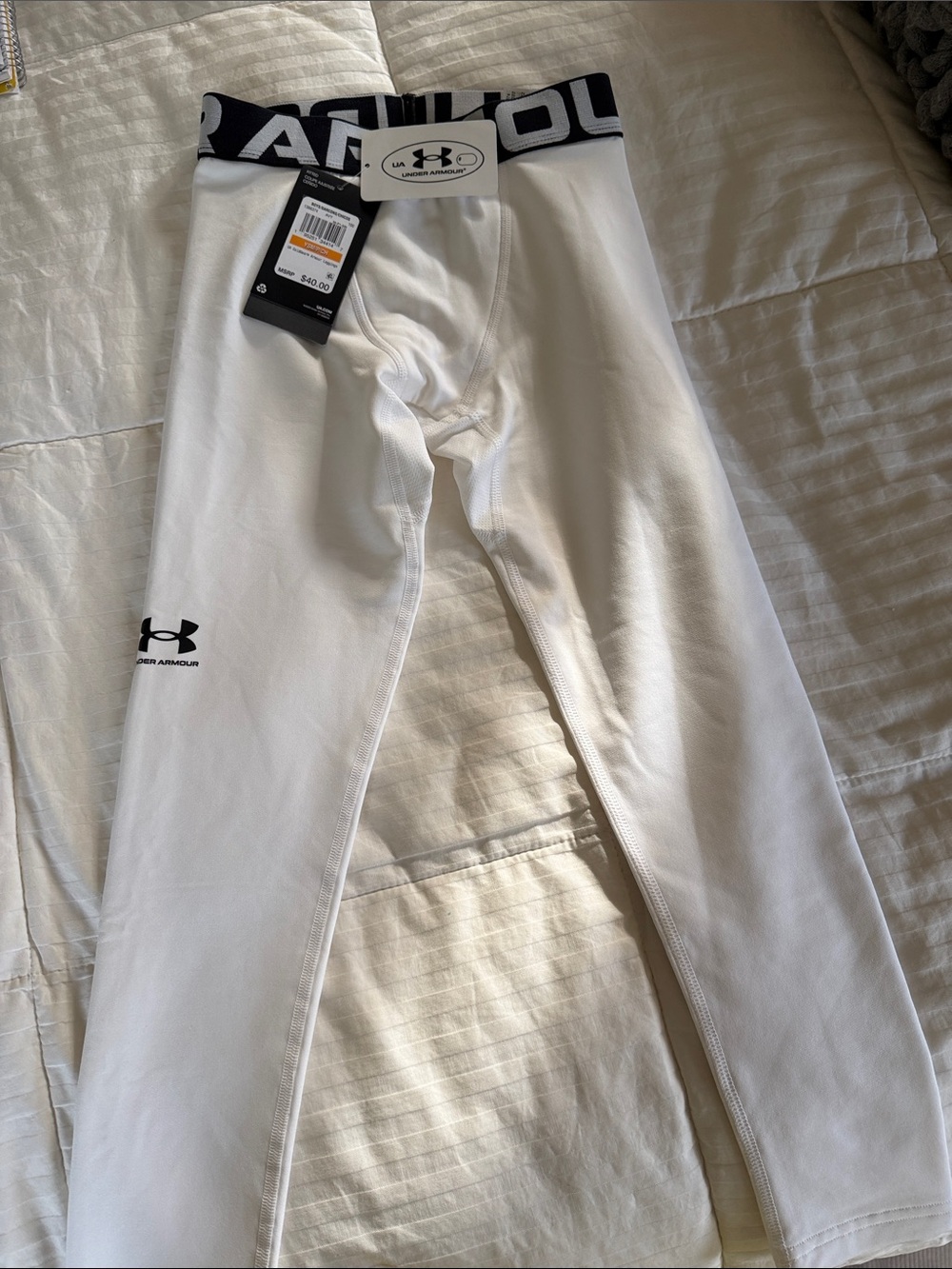 Under Armour White Boys' Compression Tights with Black Branded Waistband